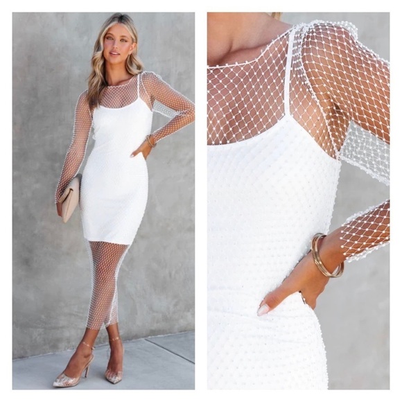 NWT ENDLESS ROSE x Revolve White Rhinestone Mesh Overlay Midi Dress XS - Picture 1 of 10